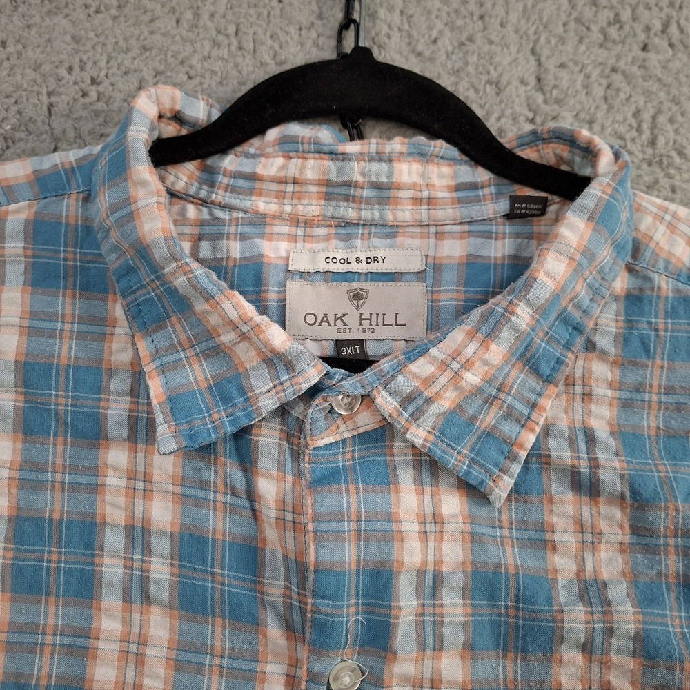 Oak Hill‎ Shirt Men 3XLT Orange Blue Plaid Lightweight Button Up Seersucker
